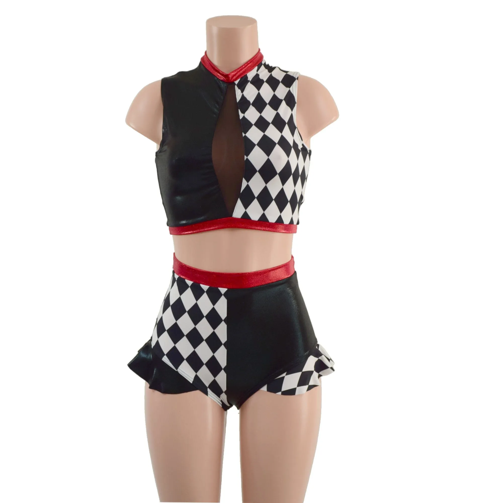 2PC Inset Keyhole Top and Siren Shorts with Ruffled Hips