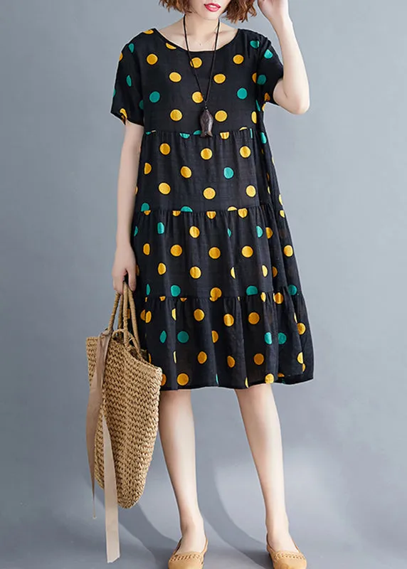 Art Yellow Dot Print Patchwork Holiday Mid Dress Short Sleeve VB1026