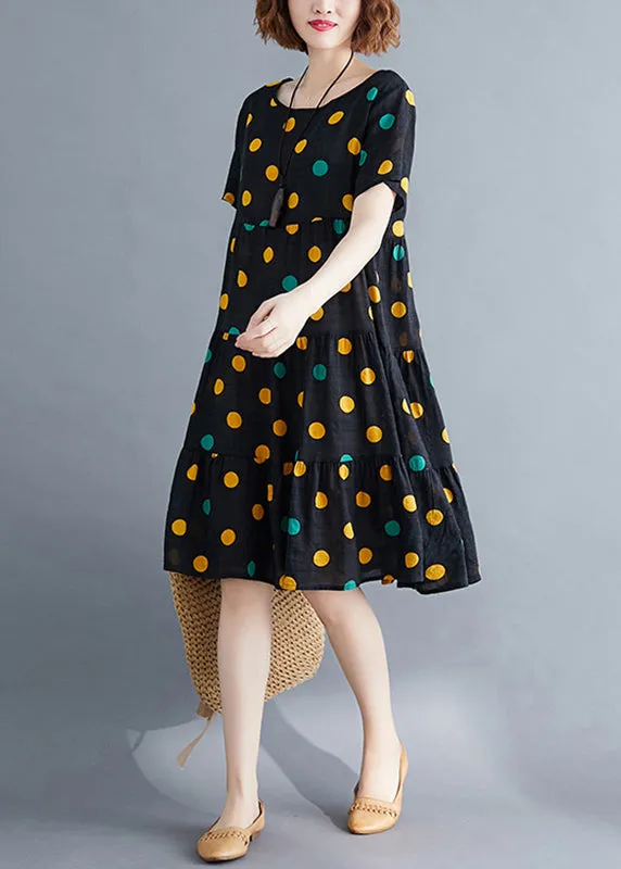 Art Yellow Dot Print Patchwork Holiday Mid Dress Short Sleeve VB1026