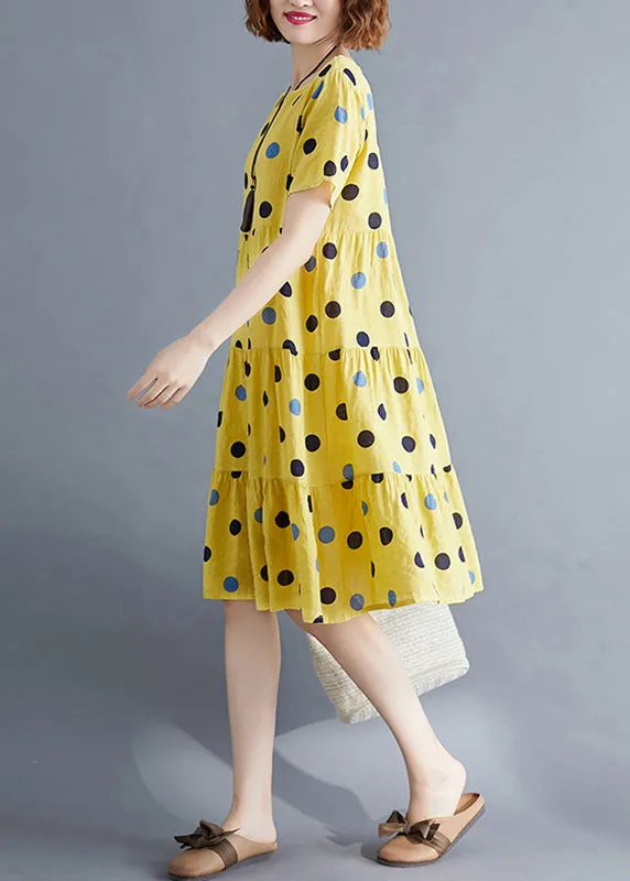 Art Yellow Dot Print Patchwork Holiday Mid Dress Short Sleeve VB1026