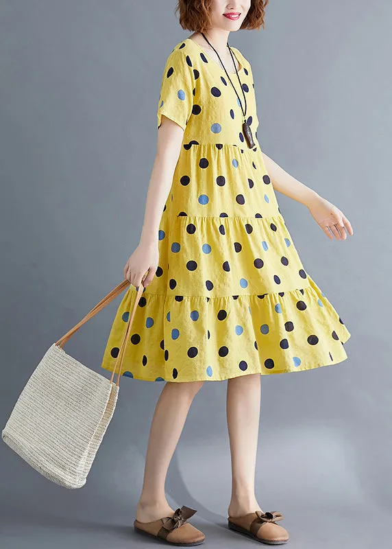 Art Yellow Dot Print Patchwork Holiday Mid Dress Short Sleeve VB1026