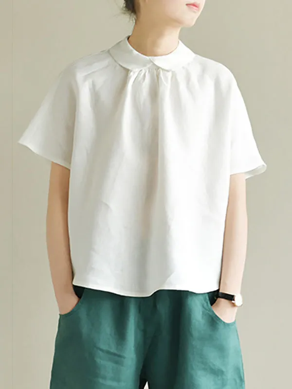 Artistic Retro Short Sleeves Loose Pleated Solid Color Blouses&Shirts Tops