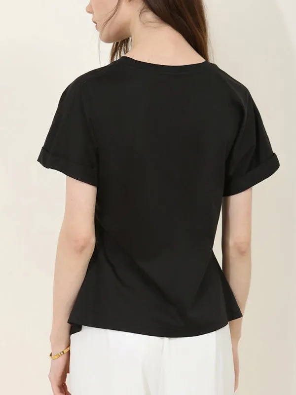 Batwing Sleeves Loose Pleated Solid Color Split-Front Split-Joint Round-Neck T-Shirts