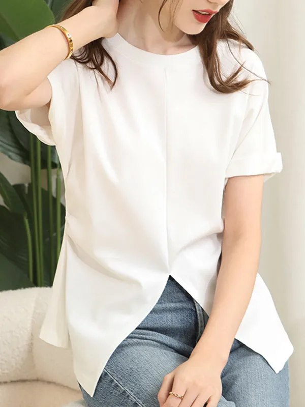 Batwing Sleeves Loose Pleated Solid Color Split-Front Split-Joint Round-Neck T-Shirts