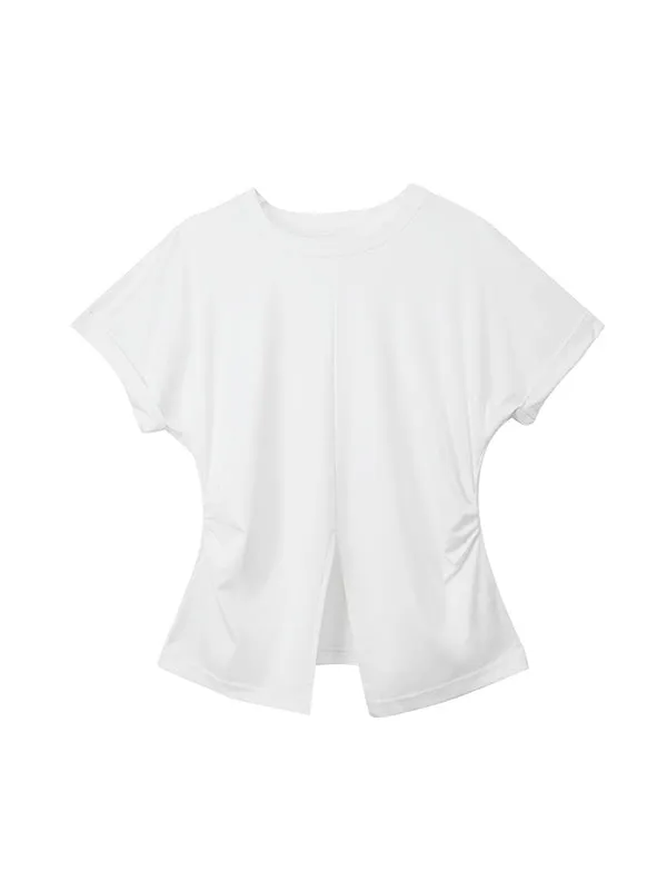 Batwing Sleeves Loose Pleated Solid Color Split-Front Split-Joint Round-Neck T-Shirts