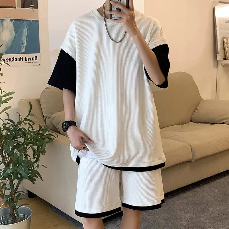 Bonsir Summer Fashion Patchwork Color Fake-2Pieces Sport Men's Sets Simple Loose Casual Tee Shirt Shorts Homme 5XL-M White/Black/Gray