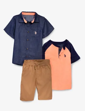 BOYS 3 PIECE SET - SHIRT, TEE & SHORTS