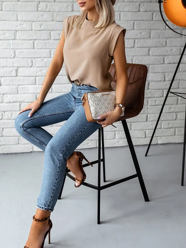 Cap Sleeve Loose Hollow Solid Color Mock Neck T-Shirts Tops