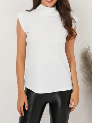 Cap Sleeve Loose Hollow Solid Color Mock Neck T-Shirts Tops