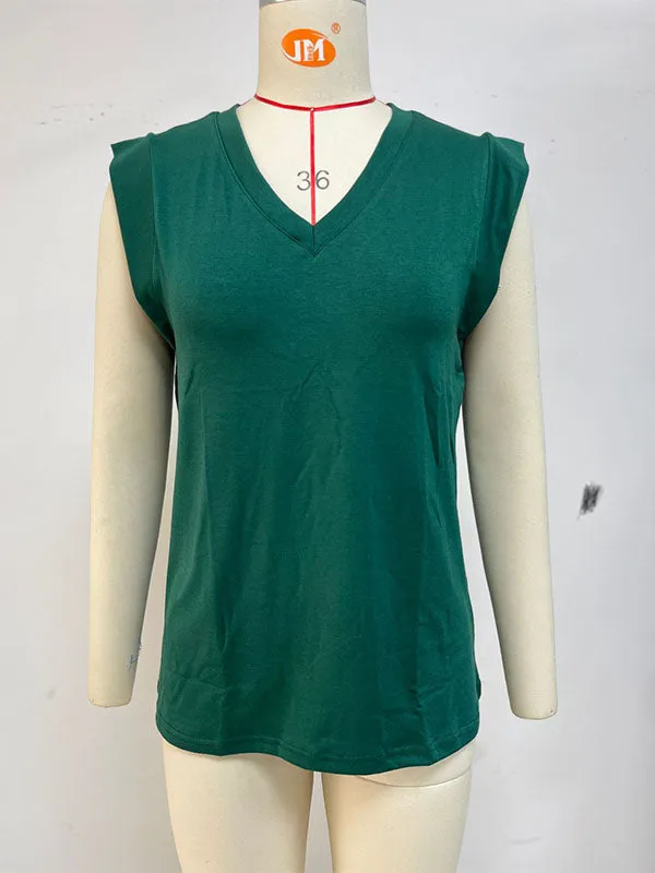 Cap Sleeve Solid Color V-neck T-Shirts Tops