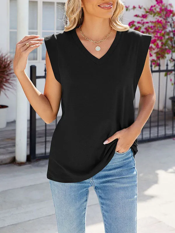 Cap Sleeve Solid Color V-neck T-Shirts Tops