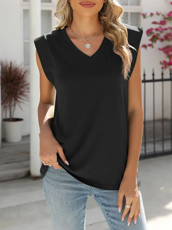 Cap Sleeve Solid Color V-neck T-Shirts Tops