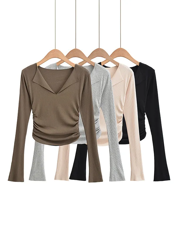 Casual Flared Sleeves Skinny Pleated Solid Color V-Neck T-Shirts Tops