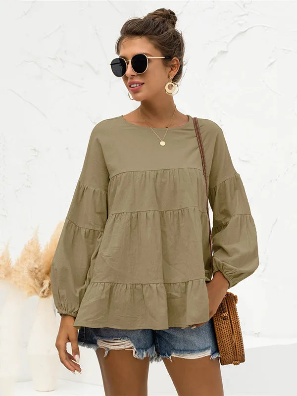 Casual Long Sleeves Puff Sleeves Solid Color Round-Neck T-Shirts Tops