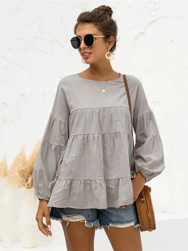 Casual Long Sleeves Puff Sleeves Solid Color Round-Neck T-Shirts Tops