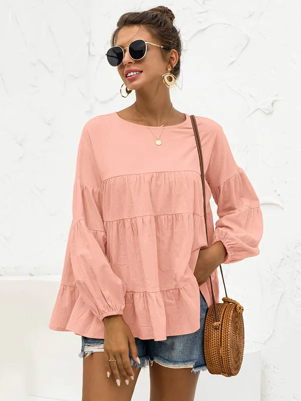 Casual Long Sleeves Puff Sleeves Solid Color Round-Neck T-Shirts Tops