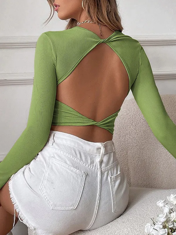 Casual Long Sleeves Skinny Backless Solid Color Round-Neck T-Shirts Tops