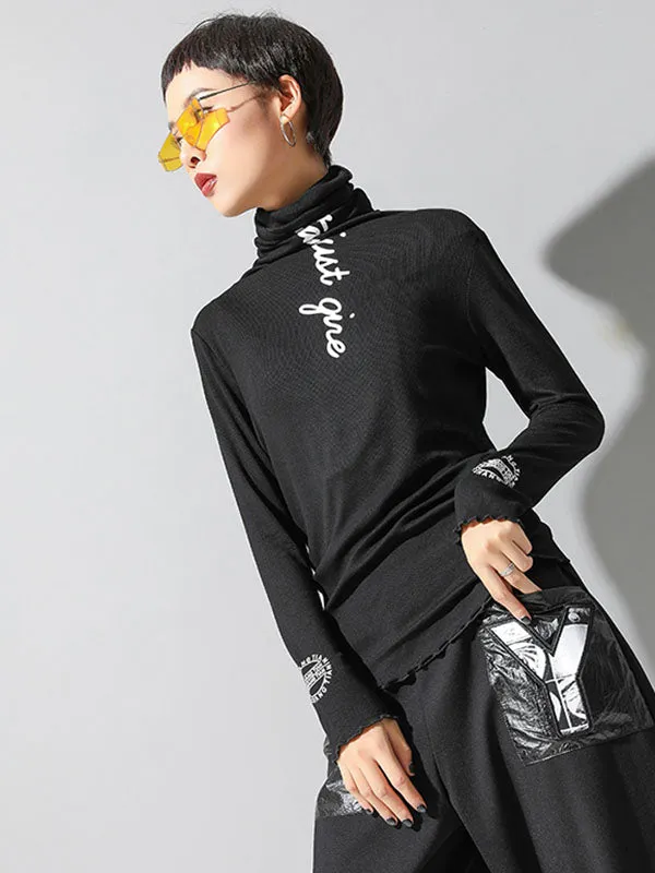 Casual Long Sleeves Skinny Letter Print Solid Color High-Neck T-Shirts Tops