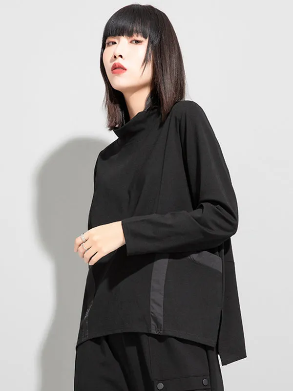 Casual Loose Long Sleeves Split-Joint Solid Color Stand Collar T-Shirts Tops