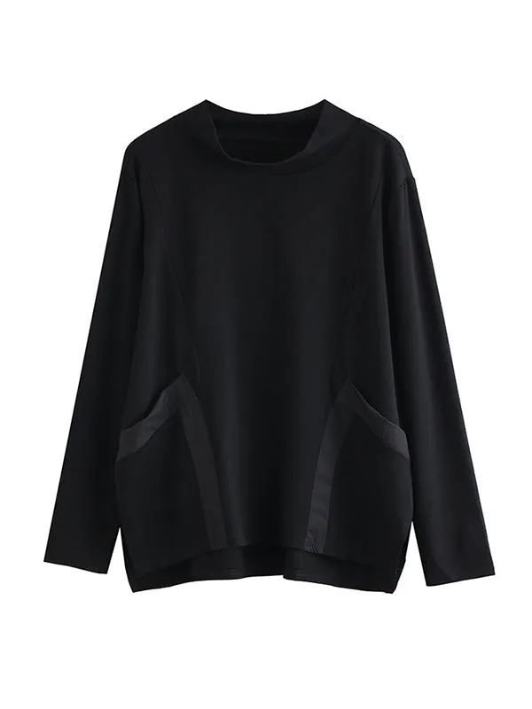 Casual Loose Long Sleeves Split-Joint Solid Color Stand Collar T-Shirts Tops