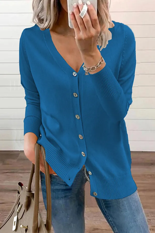 Casual Solid Patchwork Buckle V Neck Tops Sweater(12 Colors)