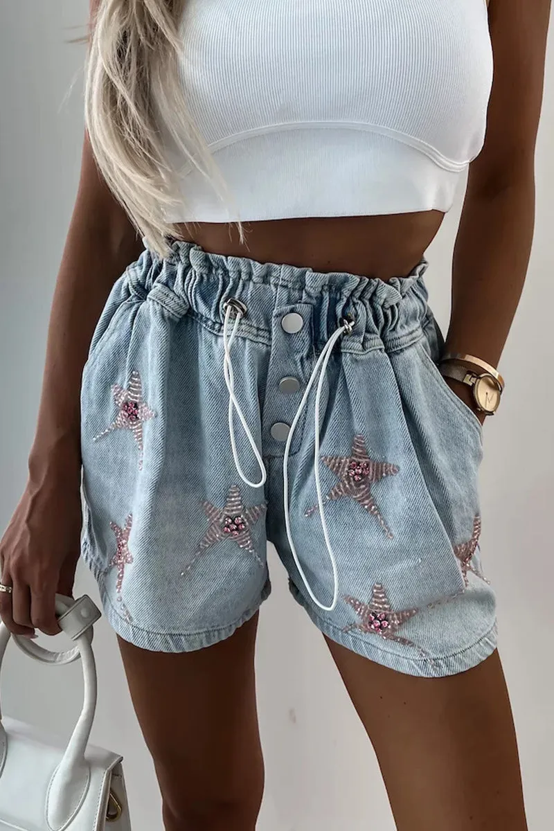 Casual Street The stars Draw String Hot Drill High Waist Loose Denim Shorts