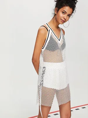 Contrast Striped Trim Fishnet Mesh Dress