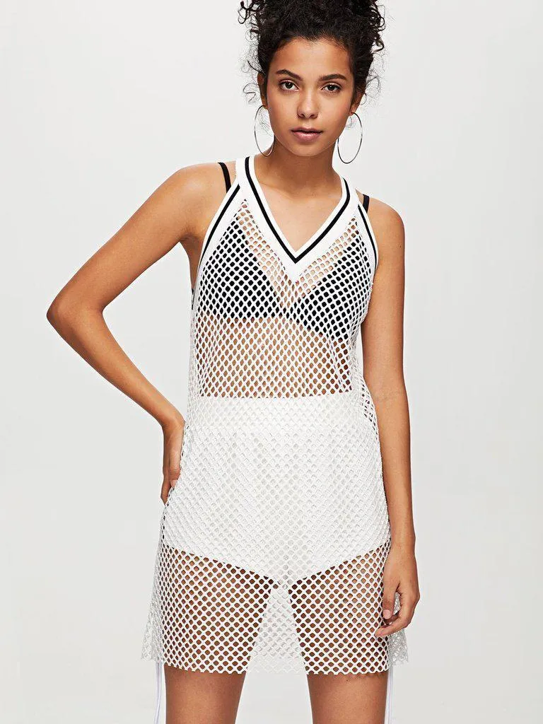 Contrast Striped Trim Fishnet Mesh Dress