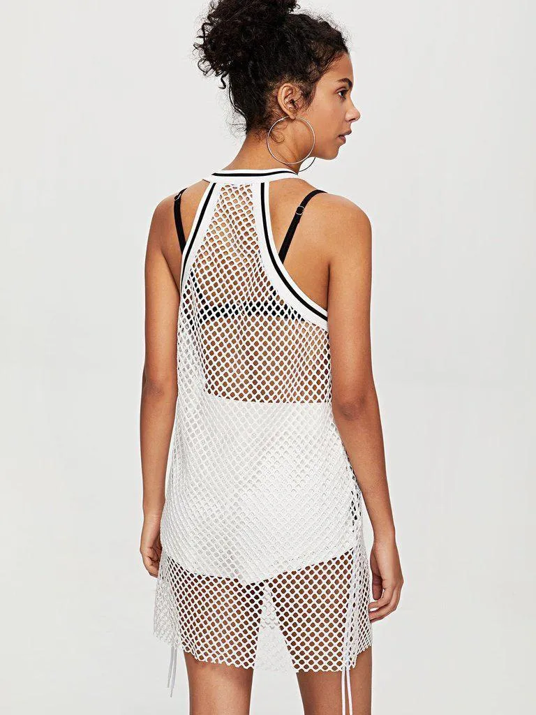 Contrast Striped Trim Fishnet Mesh Dress