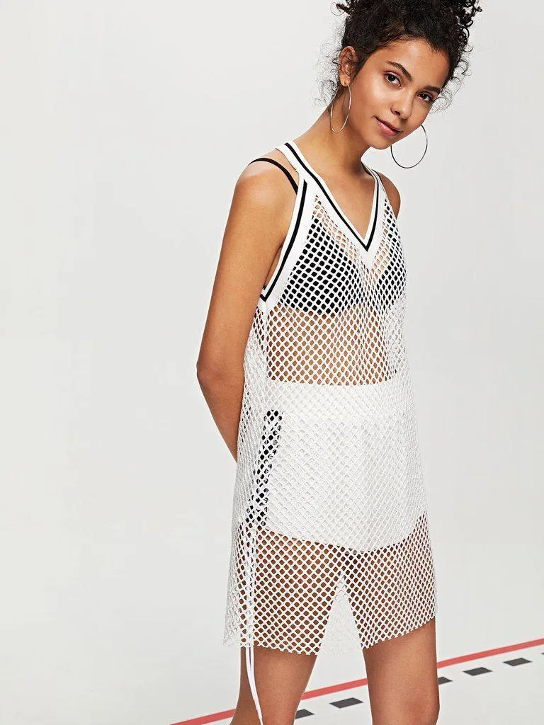 Contrast Striped Trim Fishnet Mesh Dress