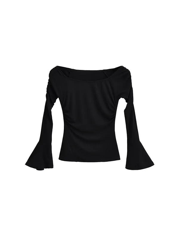 Flared Sleeves Long Sleeves Pleated Solid Color Boat Neck T-Shirts Tops