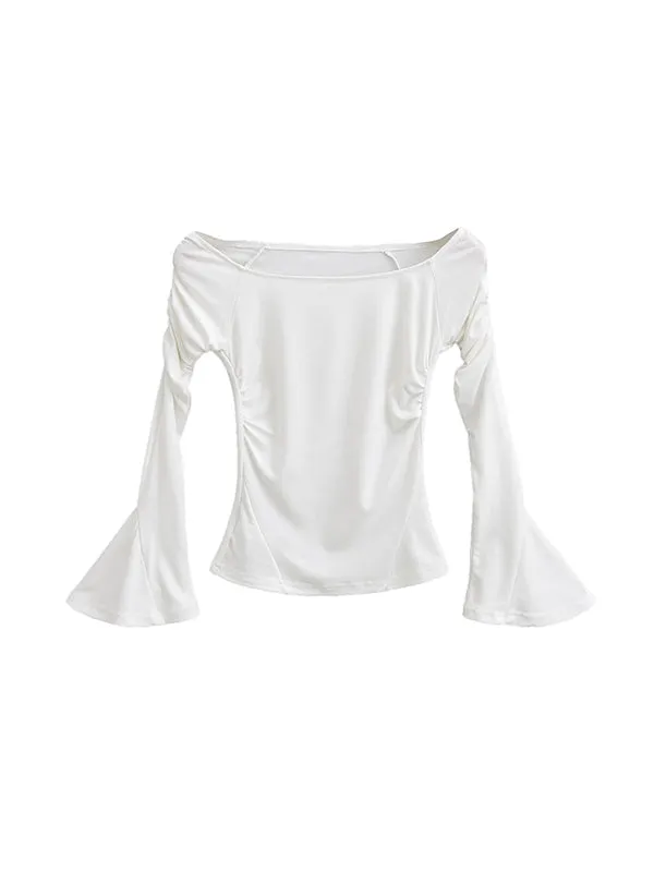 Flared Sleeves Long Sleeves Pleated Solid Color Boat Neck T-Shirts Tops