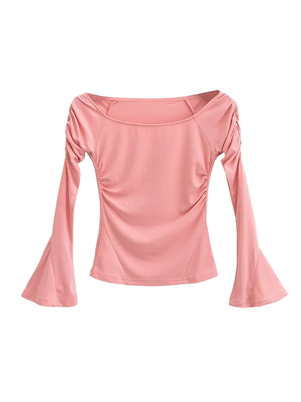 Flared Sleeves Long Sleeves Pleated Solid Color Boat Neck T-Shirts Tops