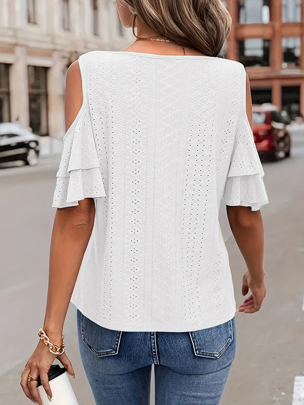 Half Sleeves Loose Double Layered Hollow Jacquard Solid Color Cold Shoulder T-Shirts Tops