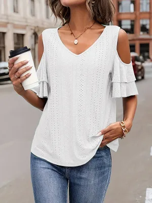 Half Sleeves Loose Double Layered Hollow Jacquard Solid Color Cold Shoulder T-Shirts Tops