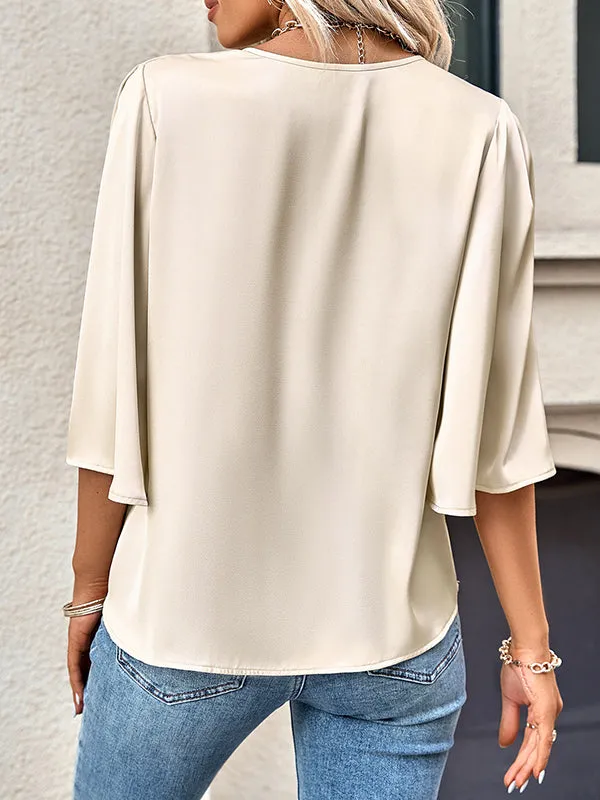 Half Sleeves Loose Solid Color V-Neck Blouses&Shirts Tops