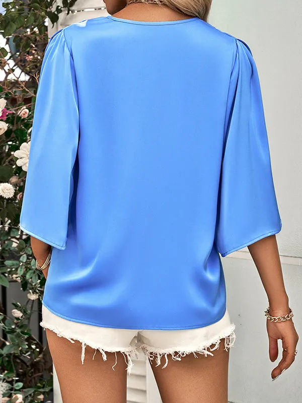 Half Sleeves Loose Solid Color V-Neck Blouses&Shirts Tops