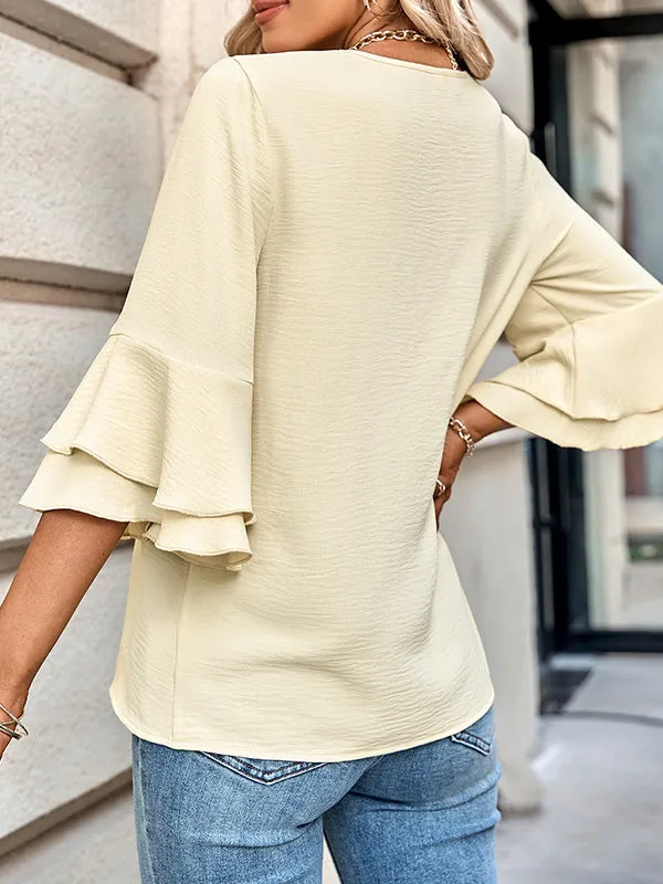 Half Sleeves Loose Solid Color V-Neck T-Shirts Tops