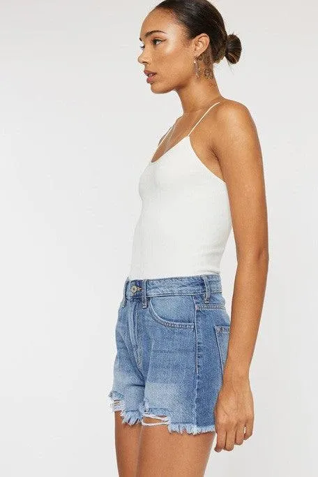 Kancan High Rise Frayed Hem Mom Denim Shorts