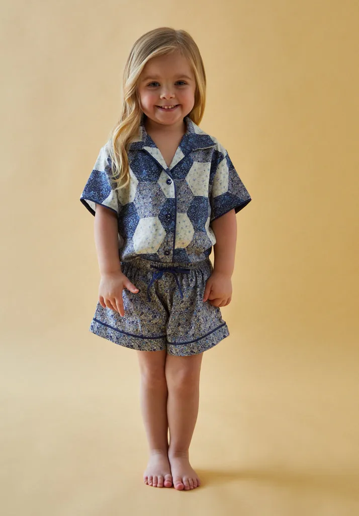 Keira Short Sleeve Aster Patchwork Print Pyjama Set In Blue