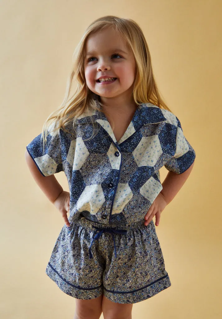 Keira Short Sleeve Aster Patchwork Print Pyjama Set In Blue