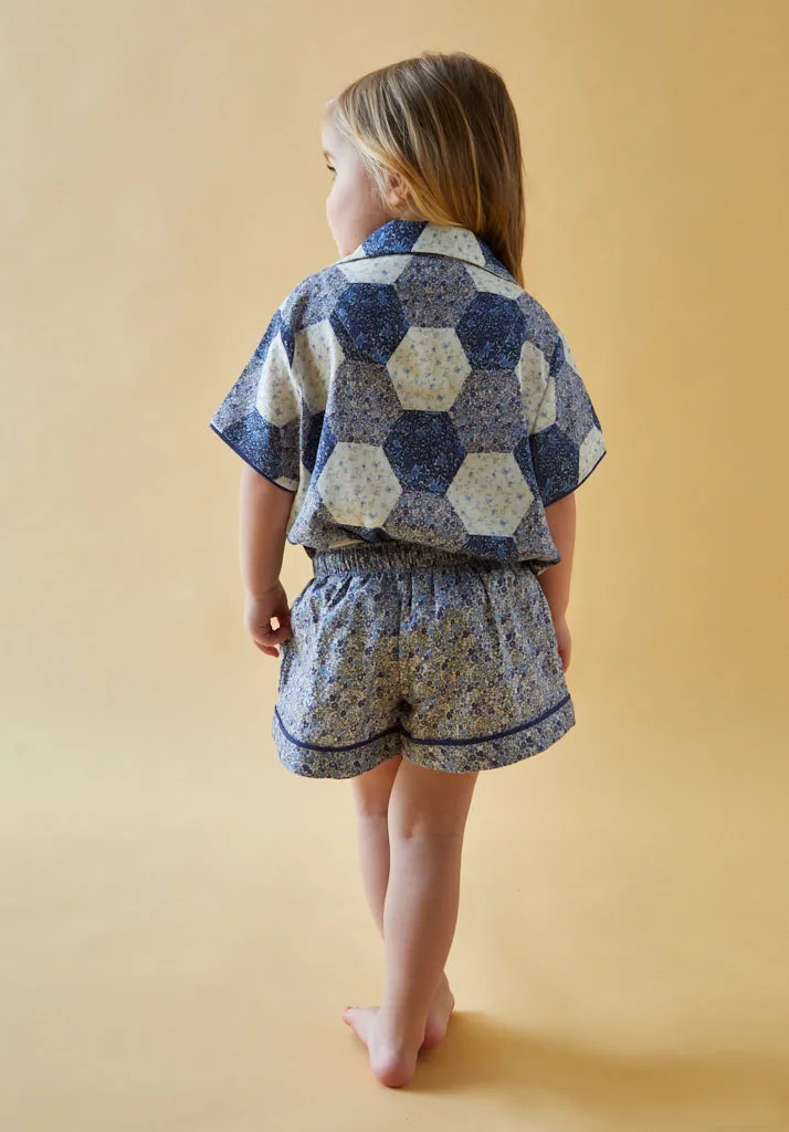 Keira Short Sleeve Aster Patchwork Print Pyjama Set In Blue