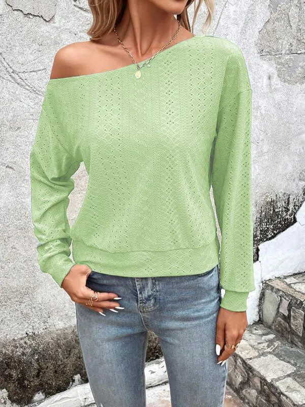 Long Sleeves Loose Asymmetric Solid Color Split-Joint One-Shoulder T-Shirts Tops