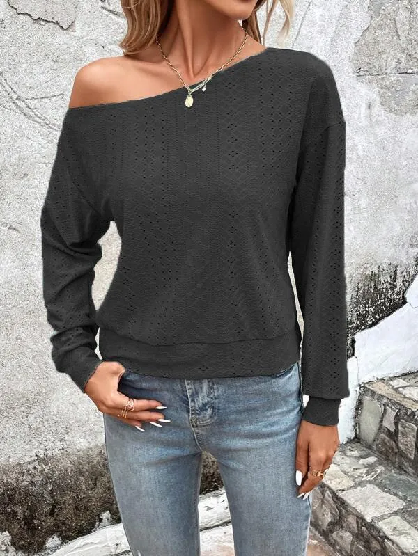 Long Sleeves Loose Asymmetric Solid Color Split-Joint One-Shoulder T-Shirts Tops