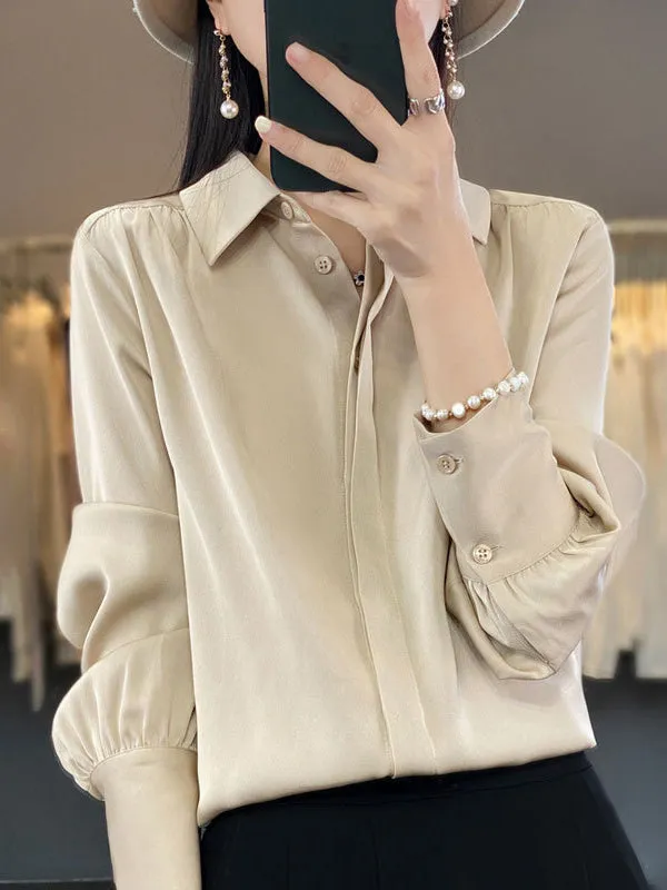 Long Sleeves Loose Buttoned Pleated Solid Color Lapel Blouses&Shirts Tops