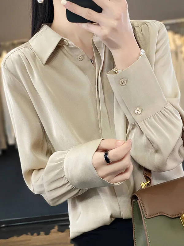 Long Sleeves Loose Buttoned Pleated Solid Color Lapel Blouses&Shirts Tops