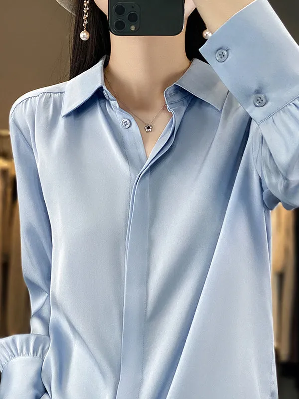 Long Sleeves Loose Buttoned Pleated Solid Color Lapel Blouses&Shirts Tops