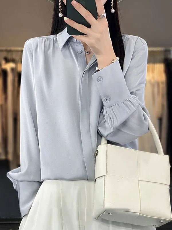 Long Sleeves Loose Buttoned Pleated Solid Color Lapel Blouses&Shirts Tops