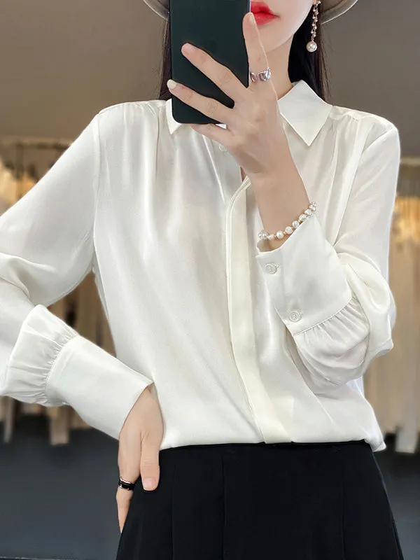 Long Sleeves Loose Buttoned Pleated Solid Color Lapel Blouses&Shirts Tops