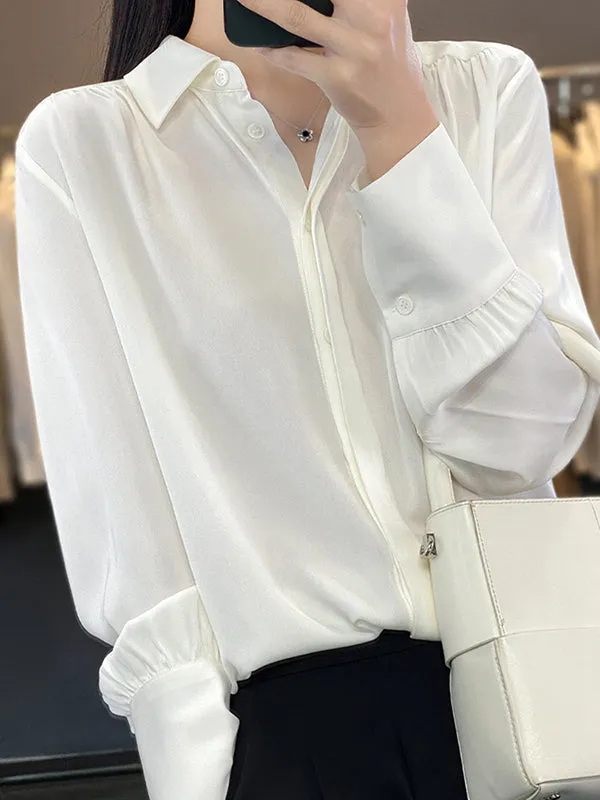 Long Sleeves Loose Buttoned Pleated Solid Color Lapel Blouses&Shirts Tops